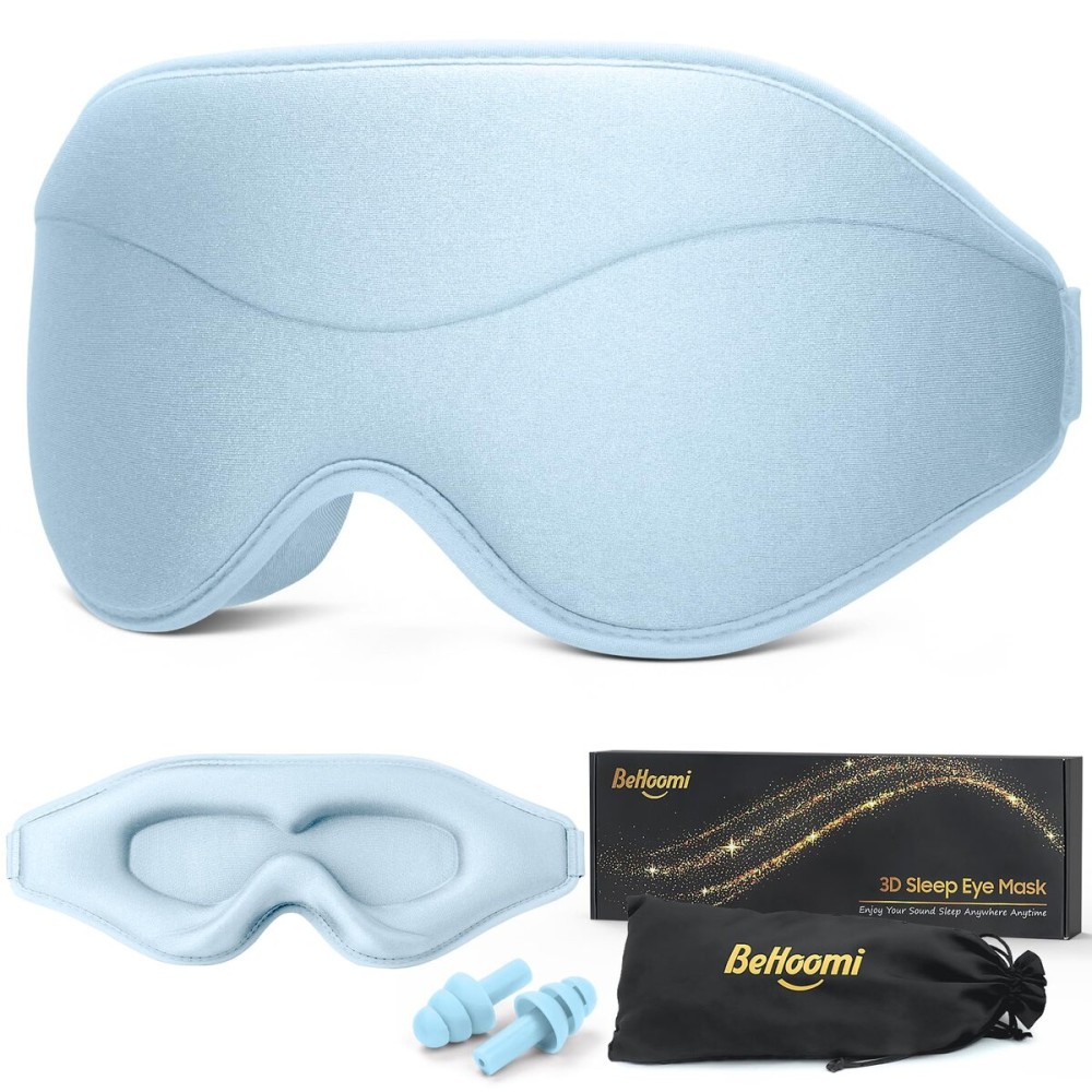 BeHoomi Sleep Mask, Premium Eye Mask for Sleeping, Total Blackout, Superior Soft Comfort, Upgraded 3D Ergonomic Designed Sleeping Mask for Home, Office, Travel, Meditation, Sky Blue