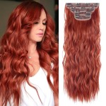 20 Inches Clip in Hair Extensions Double Weft Copper Red Long Wavy Hair Extensions for Women 4PCS Thick Hairpieces Synthetic Fiber (Copper Red)