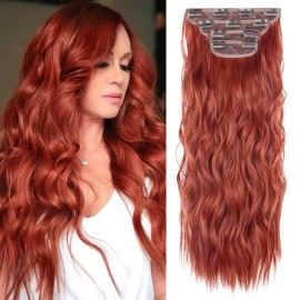 20 Inches Clip in Hair Extensions Double Weft Copper Red Long Wavy Hair Extensions for Women 4PCS Thick Hairpieces Synthetic Fiber (Copper Red)