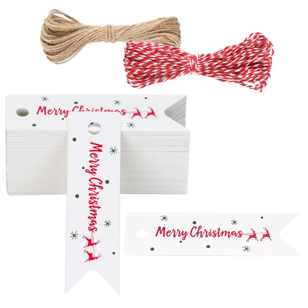 G2PLUS Small Merry Christmas Tags - 100Pcs Deer Xmas Present Tags, 2.8\'\'x0.8\'\' White Paper Gift Tag with String for Gift Wrapping, Goodies Bags, Christmas Holiday Party Favors