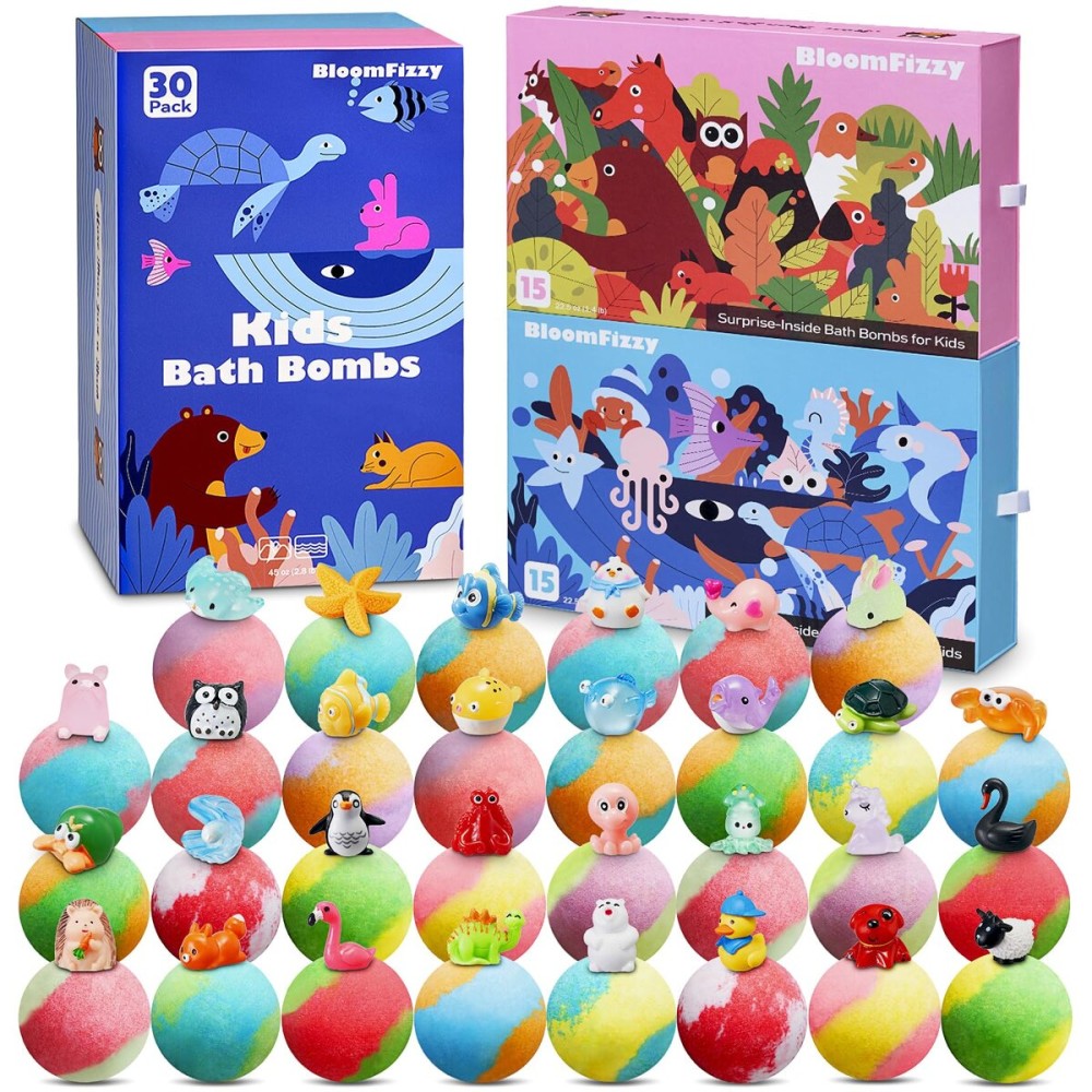 30 Kids Bath Bombs with Surprise Inside - Gift Set with 30 Unique Land & Sea Animal Toys, Fun, Educational, and Child-Safe Natural Bath Bombs with Toys, Great Gift for Kids Birthdays & Christmas