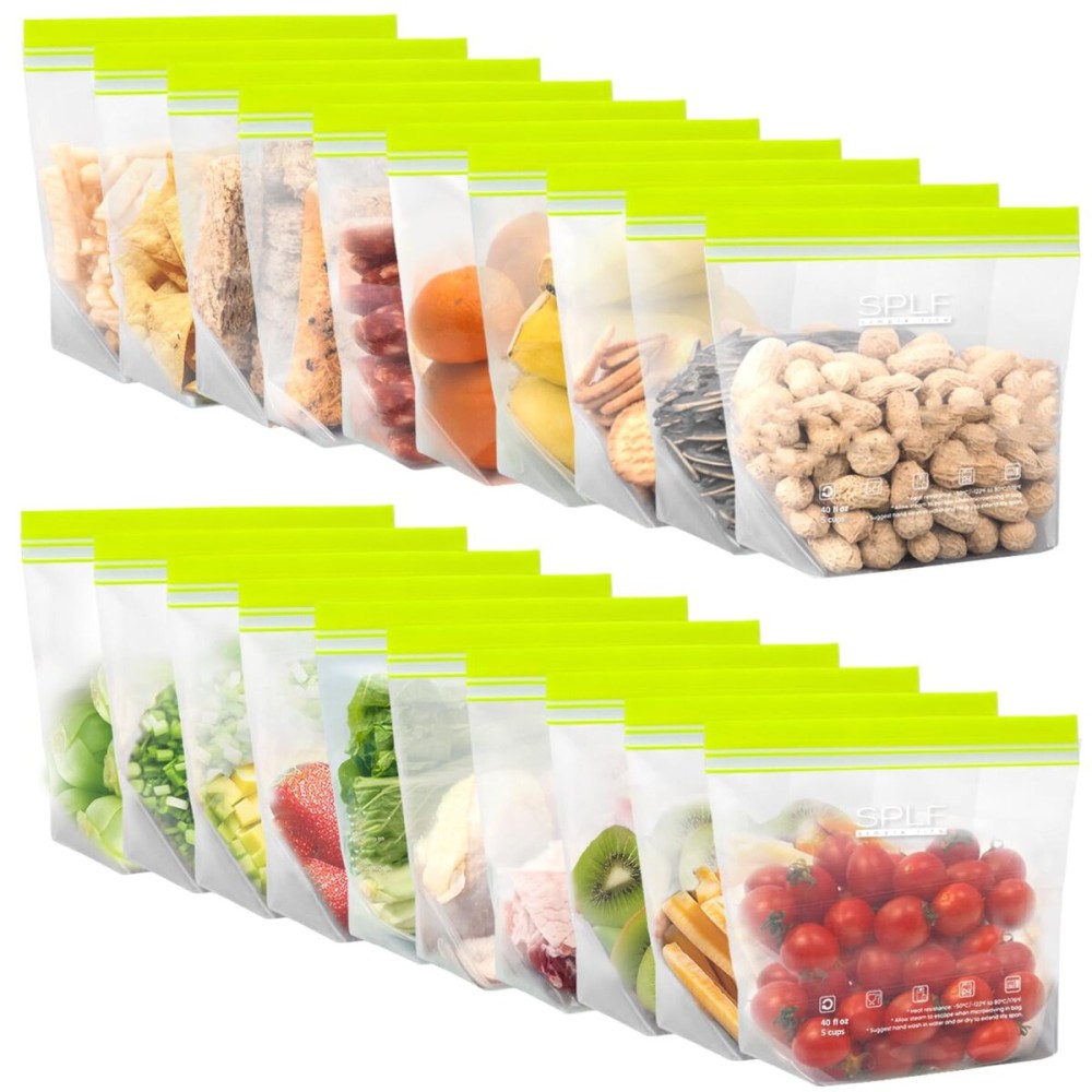 SPLF 20 Pack Reusable Sandwich Bags Dishwasher Microwave Safe, BPA Free Extra Thick Leakproof Reusable Food Storage Bags Silicone Free Quart Size Freezer Bags Containers