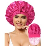 Satin Bonnet for Women Silk Bonnets for Sleeping Curly Hair Bonnet with Elastic Tie Band Reversible Double Layer Sleep Cap Hair Wrap (Rose Red + Pink)