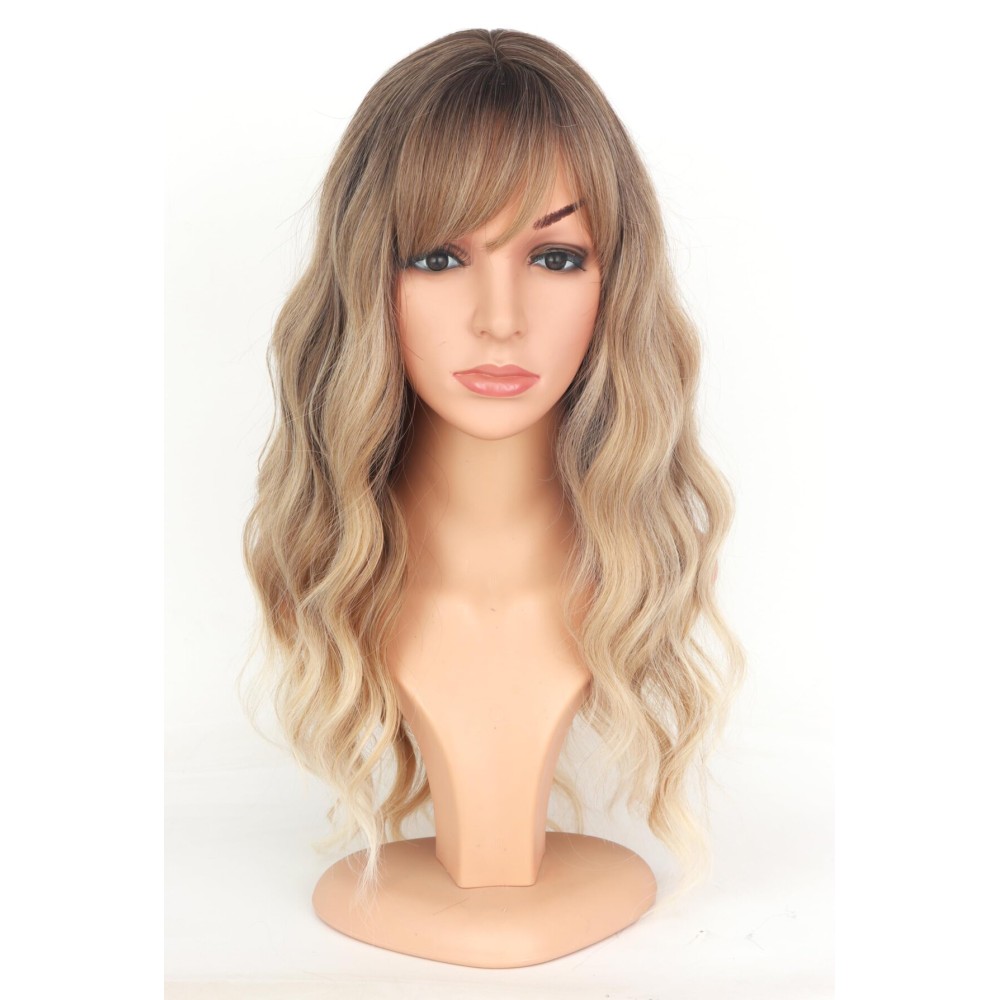 SYMEIW Ombre Dirty Blonde Wavy Wigs With Bangs For Women Medium Long Ash Blonde Synthetic Wigs For Daily Use Dirty Blonde