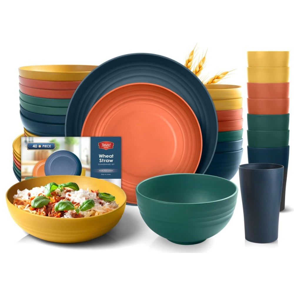 Teivio 32-Piece Kitchen Plastic Wheat Straw Dinnerware Set, Service for 8, Dinner Plates, Dessert Plate, Cereal Bowls, Pasta Bowls, Unbreakable Outdoor Camping Dishes, Autumn Multicolor