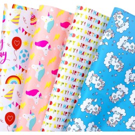 WRAPAHOLIC Birthday Wrapping Paper Sheet - 12 Sheets Unicorn Rainbow Pony Pink Blue Design Folded Flat for Birthday, Party, Baby Showers - 19.7 Inch X 30 Inch Per Sheet