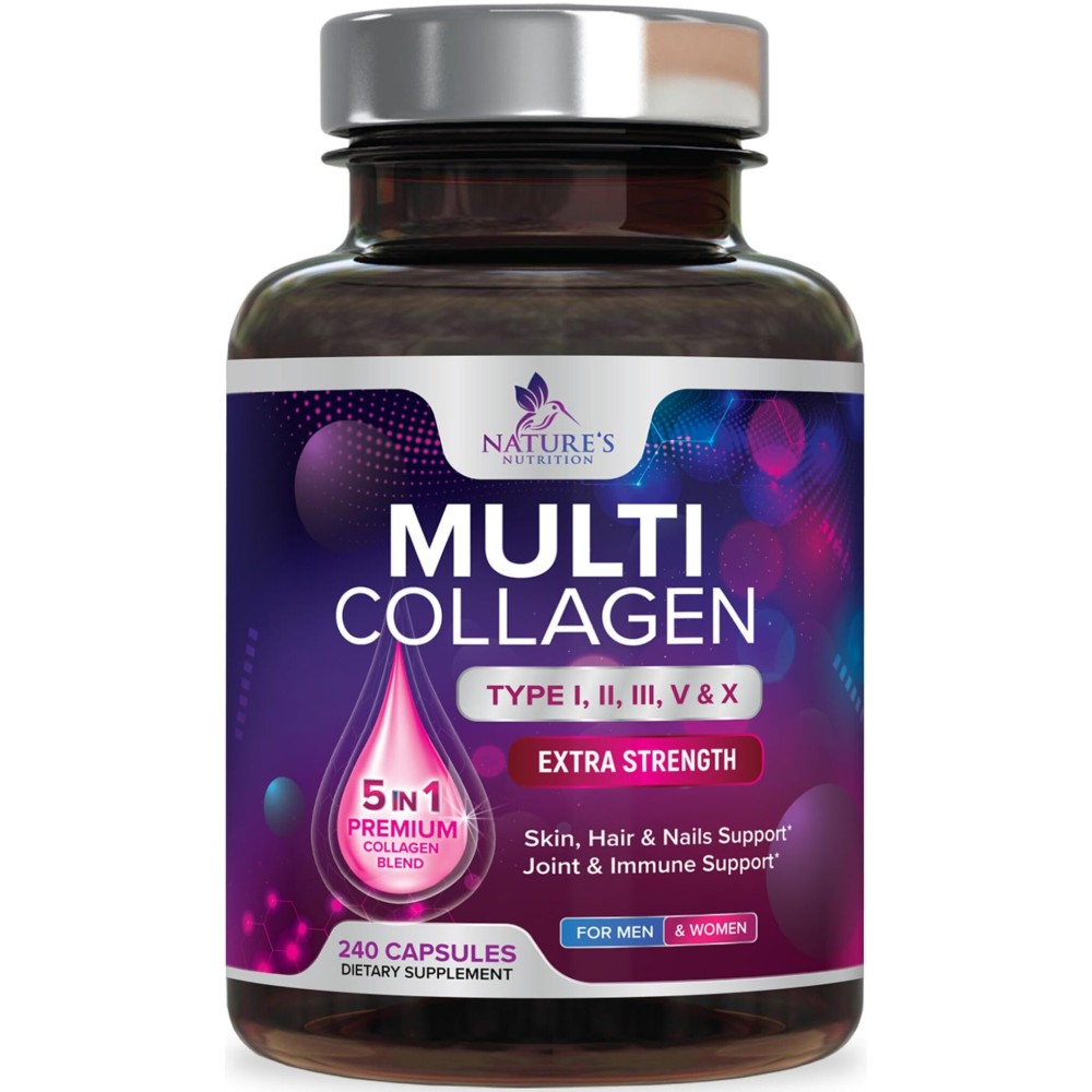Multi Collagen Pills 2400 mg - Advanced Types I, II, III, V, X - Hydrolyzed Multi Collagen Peptides Pills, Collagen Supplements for Women & Men - Hair, Skin, & Nail Support Supplement - 240 Capsules