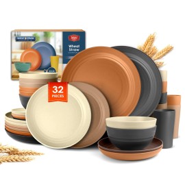 Teivio 32-Piece Kitchen Plastic Wheat Straw Dinnerware Set, Service for 8, Unbreakable Plates, Bowls and Cups Set, Farmhouse Outdoor Camping Dishes for Rustic Life/Country/Vintage, Saddle Ombre