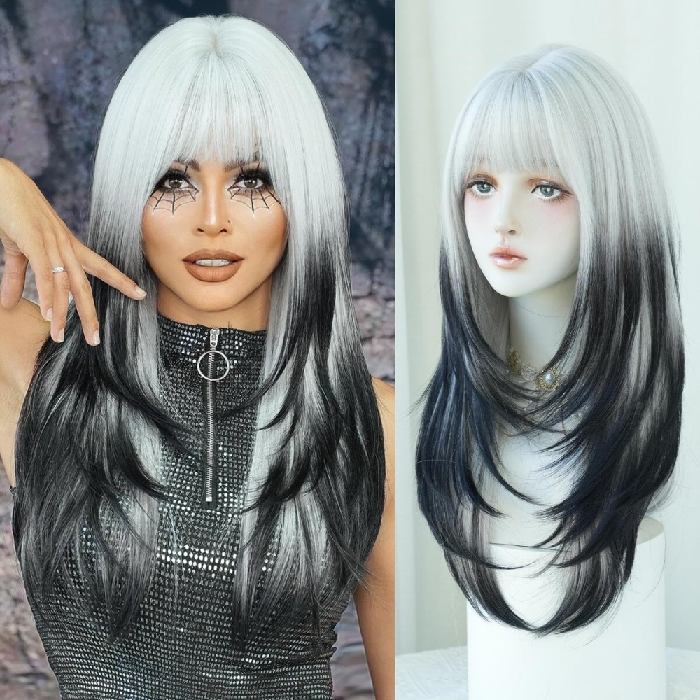 7JHH WIGS 25Inch Long Straight Layered Wig with Bangs Heat Resistant Black White Ombre Wig Make Natural Looking Wigs for Women Party Cospaly Curella Wig and Daily Used