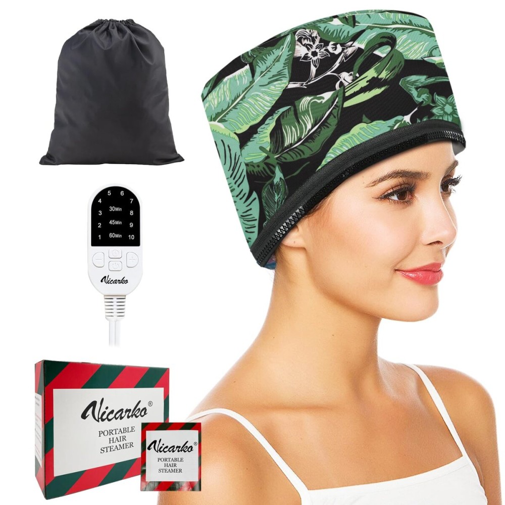 VICARKO Hair Steamer for Deep Conditioning, 10-Level Heats Up Quickly, 118 Power Cord, Heating Cap Hot Oil Treatment Heat, Electric Thermal Heated Steam for Natural Black Hair, Leaf Print