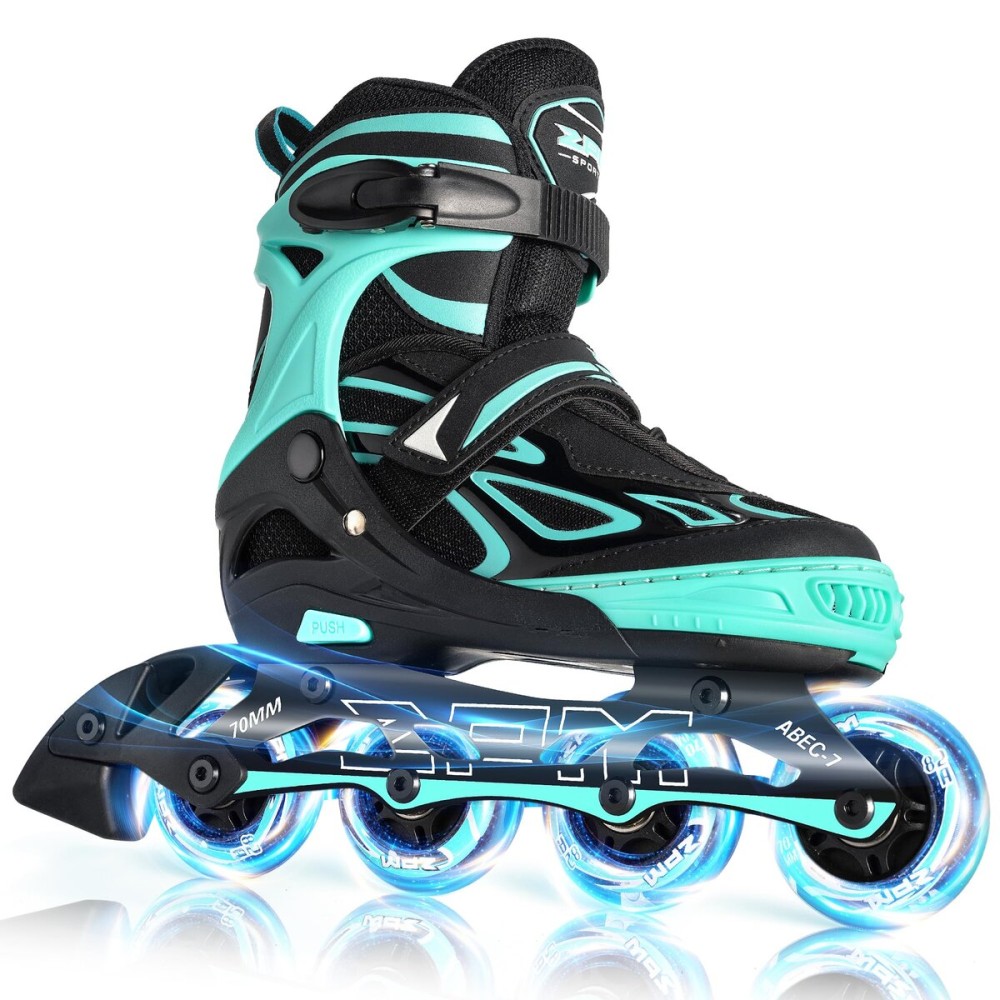 2PM SPORTS Vinal Girls Adjustable Flashing Inline Skates, All Wheels Light Up, Fun Illuminating Skates for Kids Women and Men Adults Boys - Mint Large
