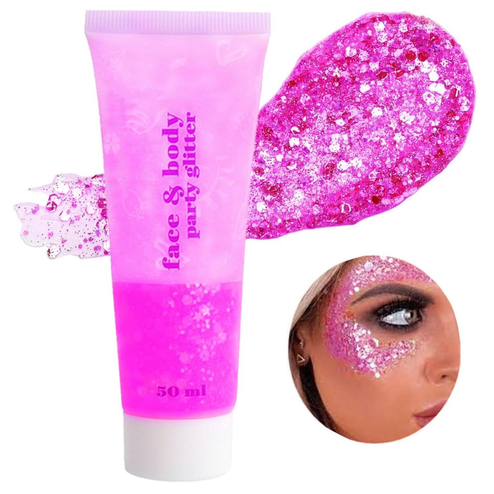 Go Ho Hot Pink Face Body Glitter Gel,Singer Concerts Hot Pink Face Paint Makeup,Holographic Chunky Sequins Glitters for Eye Lip Hair Nails,Festival Rave Accessories,52g