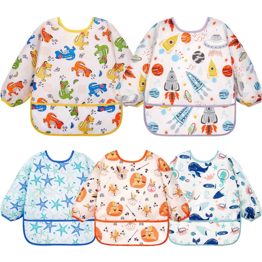 Lictin Long Sleeve Bibs 5 Pack - Baby Bibs for Boy, Waterproof Toddler Bibs, 0-24 Months Neutral Baby Smock for Eating, Reusable Infant Baby Bibs for Feeding Teething or Weaning