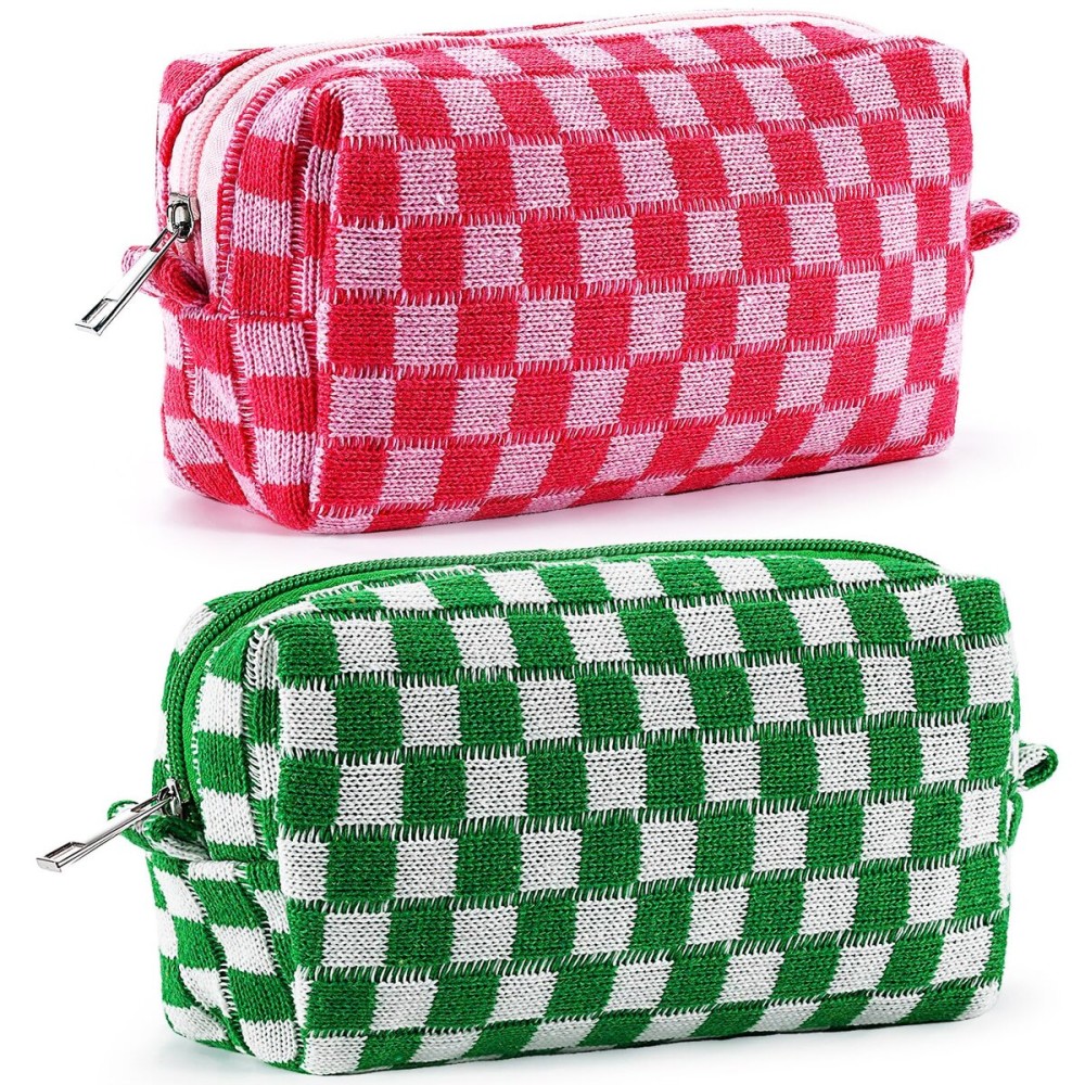 ZLFSRQ 2Pcs Checkered Pencil Case Cute Pencil Pouch for Teens Checkered Makeup Bag Medium Travel Cosmetic Bag Preppy Makeup Pouch for Purse Aesthetic Zipper Toiletry Bags Organizer(Pink/Green)