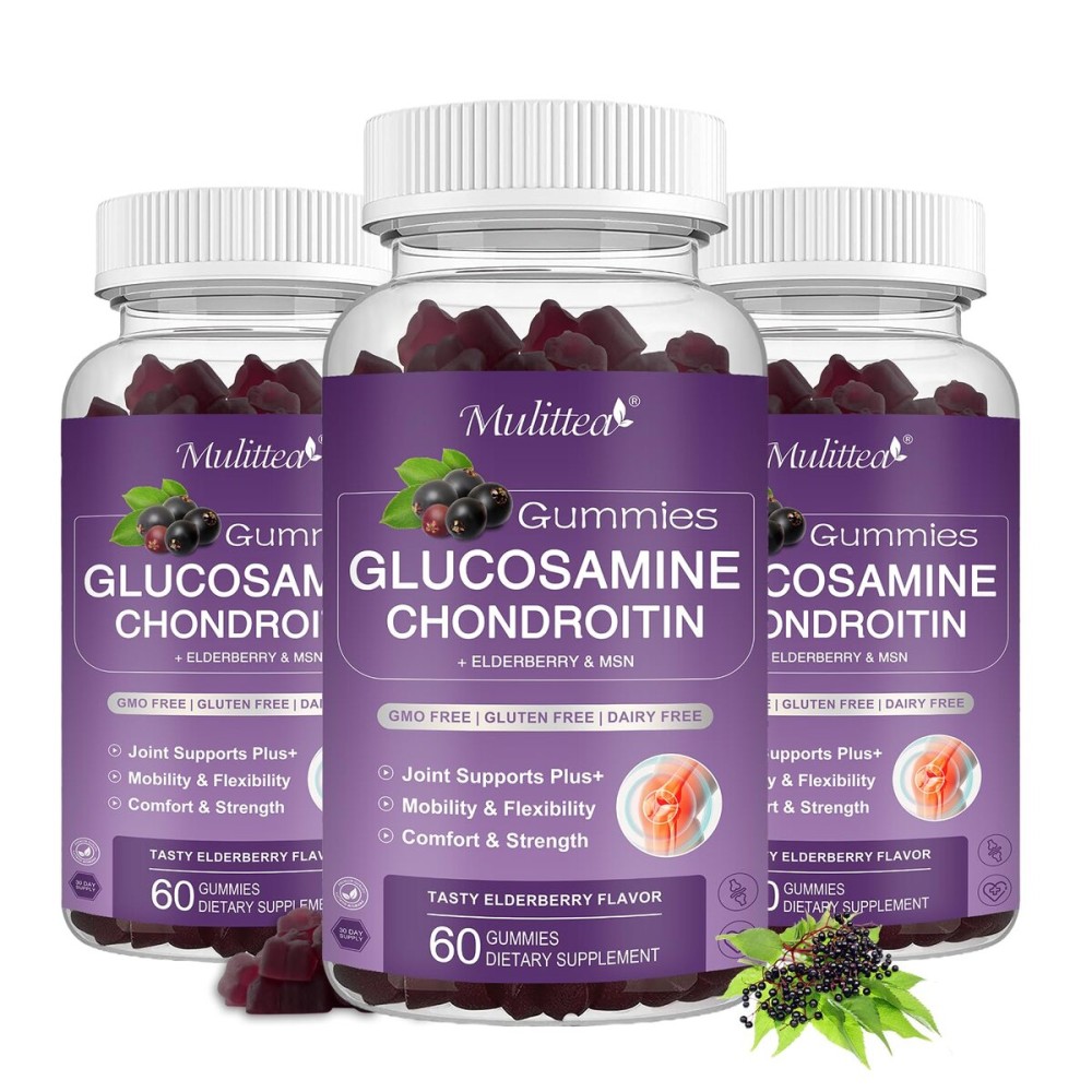 Mulittea Glucosamine Chondroitin Gummies - Extra Strength Joint Support Supplement with MSM & Elderberry for Natural Joint, Antioxidant Immune Support for Adults, Men & Women-(3 Pack)