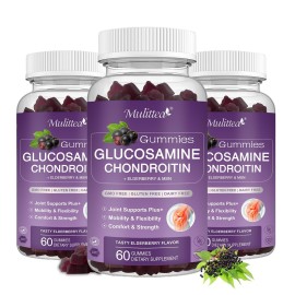 Mulittea Glucosamine Chondroitin Gummies - Extra Strength Joint Support Supplement with MSM & Elderberry for Natural Joint, Antioxidant Immune Support for Adults, Men & Women-(3 Pack)