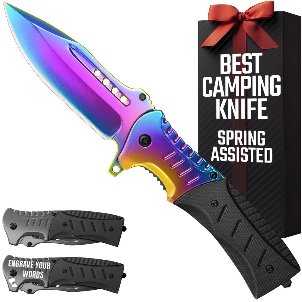 Spring Assisted Knife with G10 Handle & Glass Breaker & Pocket Clip - 3.66 Sharp Blade - Rainbow Folding Pocket Cool Knives - for Men Women Hunting Camping Military Survival Hiking Work EDC 0208 BR