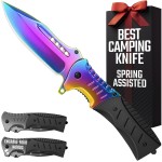 Spring Assisted Knife with G10 Handle & Glass Breaker & Pocket Clip - 3.66 Sharp Blade - Rainbow Folding Pocket Cool Knives - for Men Women Hunting Camping Military Survival Hiking Work EDC 0208 BR