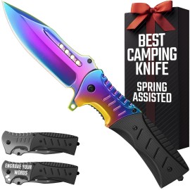 Spring Assisted Knife with G10 Handle & Glass Breaker & Pocket Clip - 3.66 Sharp Blade - Rainbow Folding Pocket Cool Knives - for Men Women Hunting Camping Military Survival Hiking Work EDC 0208 BR