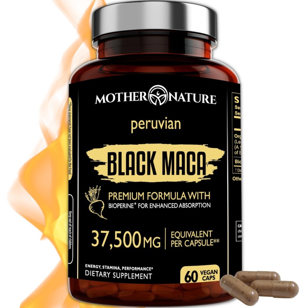 Black Maca Root 50:1 Extract 37,500mg - 60 Capsules Organic Peruvian Maca Peruana Supplement for Men | High Potency Energy, Mood & Performance Support | Vegan, Non-GMO