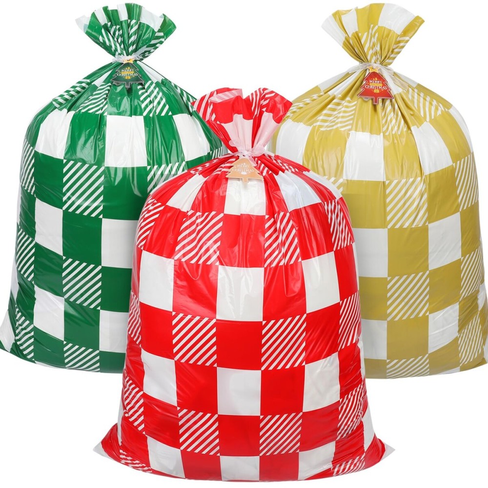Large Christmas Gift Bags, 3pcs 56x 36 Extra Large Gift Bags for Presents Wrap, Jumbo Christmas Bags for Gifts, Plastic Huge Big Xmas Gift Bags Reusable, Giant Santa Holiday Gift Bag with Tag & Tie