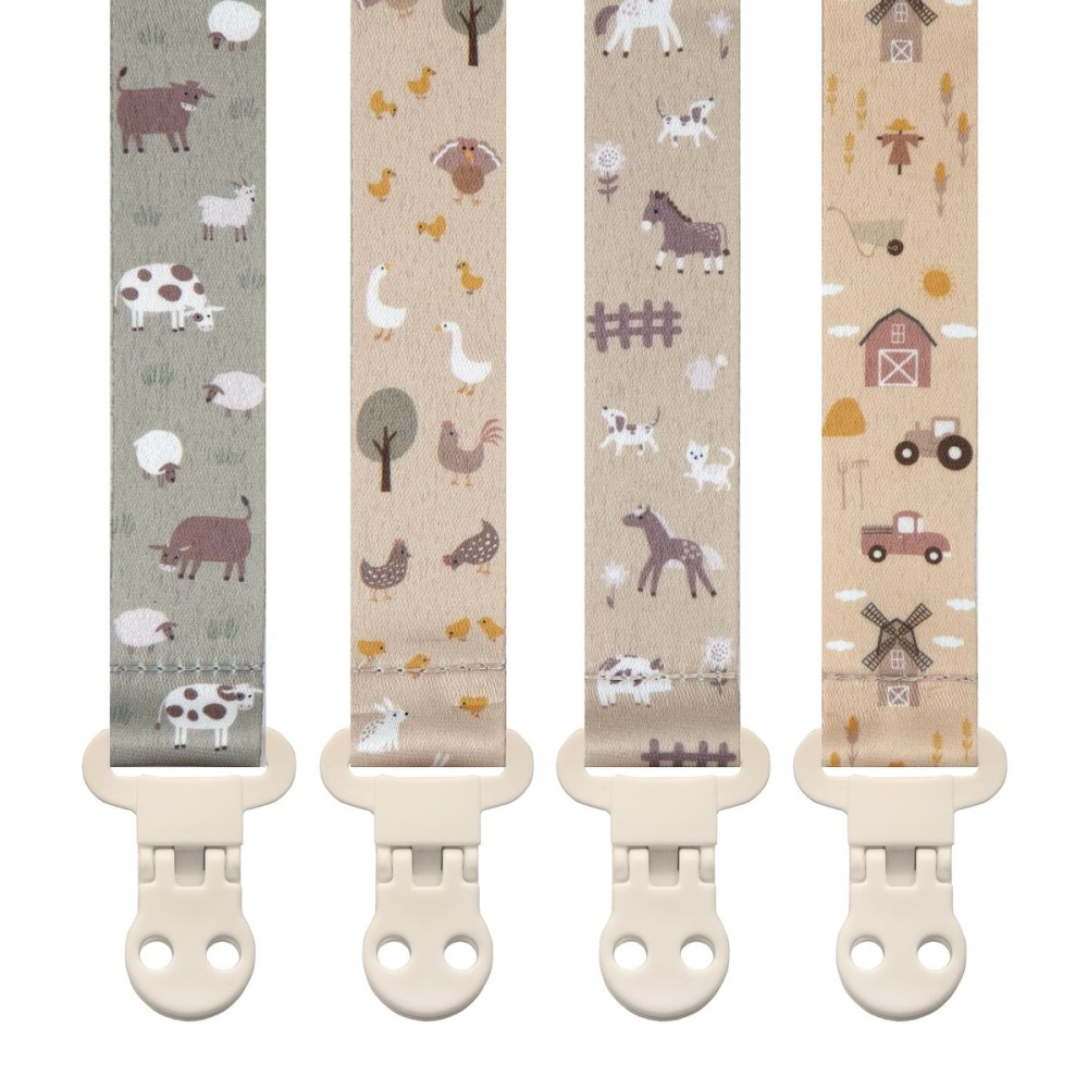 Stadela Baby Pacifier Clip Holder - Girl or Boy Unisex 4 Pack Gift Set - Farm Animals Barn and Tractors Neutral