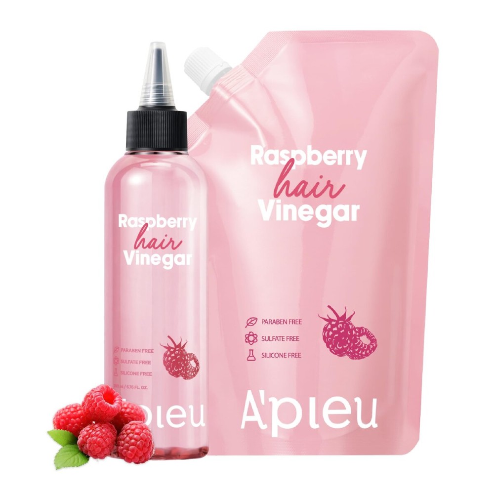 APIEU Raspberry Hair Vinegar Rinse & Refill Set - Deep Scalp Clarifying, pH-Balancing Care, Controls Oil & Buildup, Leaves Hair Silky-Soft, Shiny & Fresh | Korean Hair Care (6.76 / 13.6 fl oz)