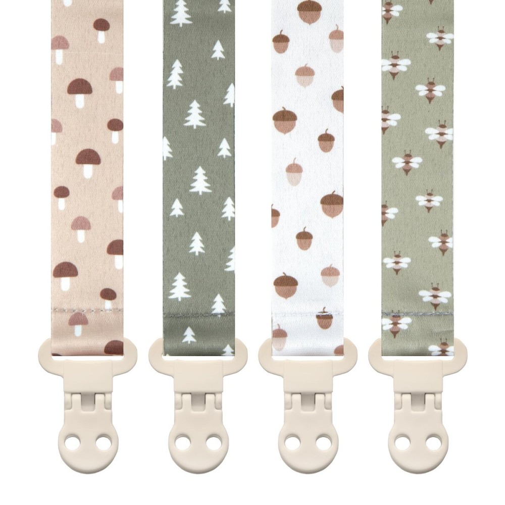 Stadela Baby Pacifier Clip Holder - Girl or Boy Unisex 4 Pack Gift Set - Woodland Mushrooms Bees Neutral Green Beige (Forest)