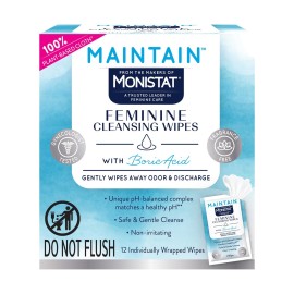 Monistat Maintain Feminine Wipes with Boric Acid for Feminine Care, Fragrance Free, 12 Ct