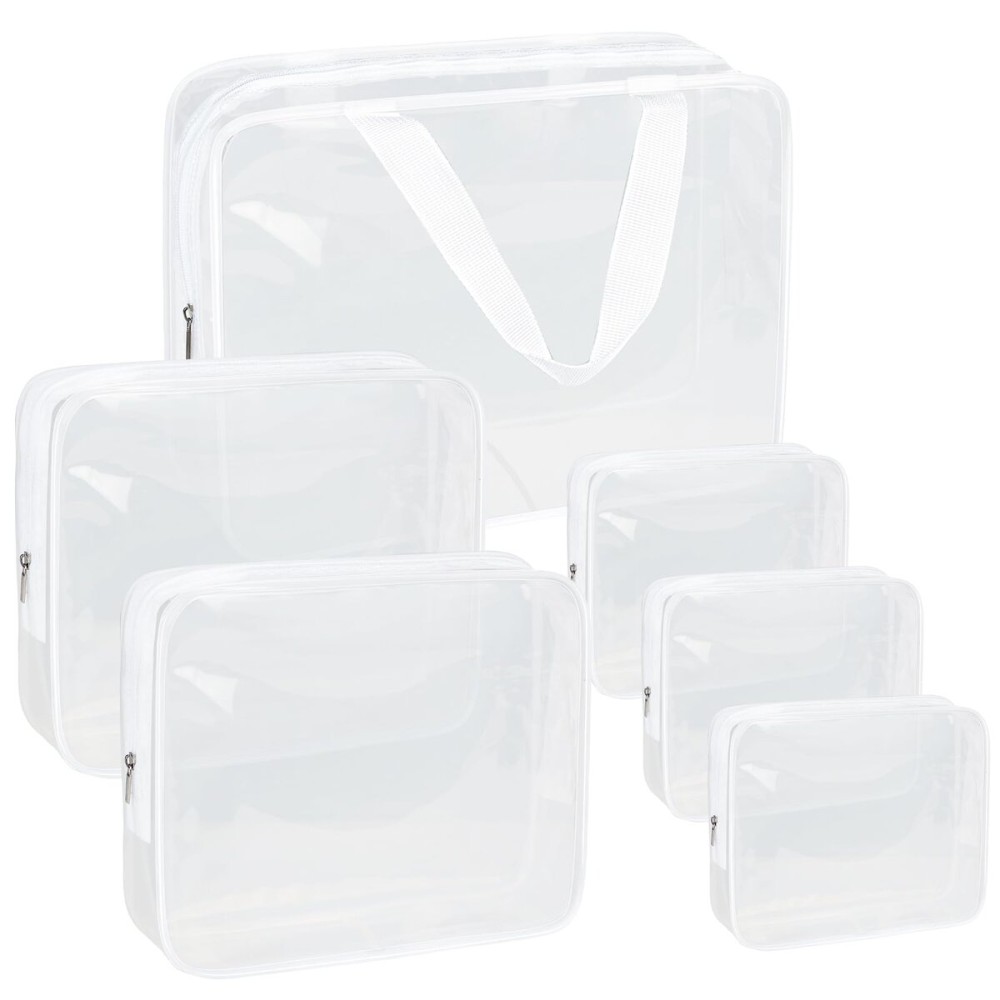 APREUTY Clear Makeup Bags, TSA Approved 6 Pcs Cosmetic Makeup Bags Set Clear PVC with Zipper Handle Portable Travel Luggage Pouch Airport Airline Vacation Organization (Bright White)
