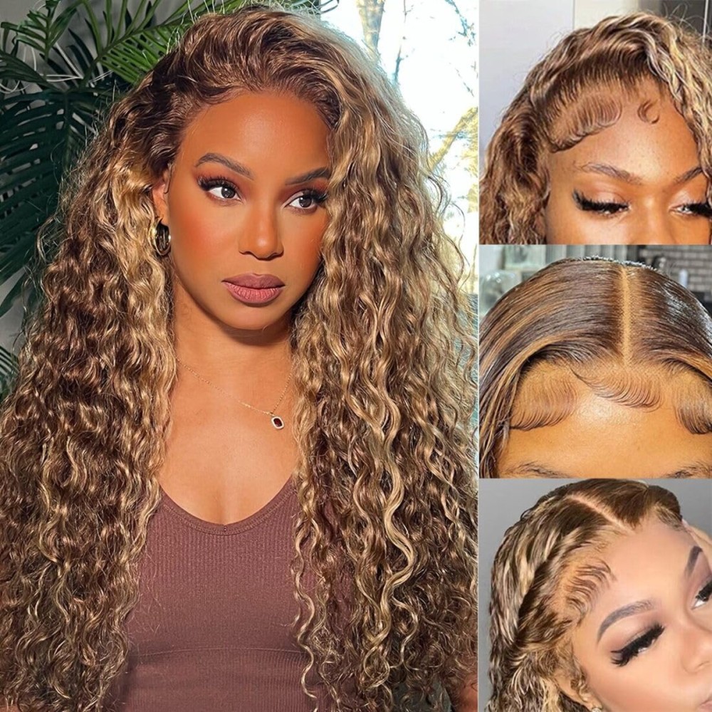 Ladoux Ombre Honey Blonde 13x6 HD Transparent Water Wave Lace Front Human Hair Wigs for Women 180% Density 4/27 Colored Highlight Curly Glueless Wigs 20Inch Pre Plucked with Baby Hair