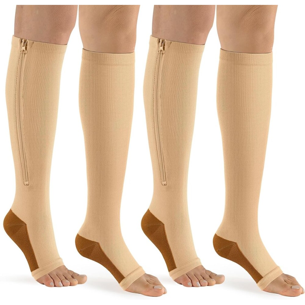 bropite Zipper Compression Socks Women & Men - 2Pairs Calf Knee High 15-20mmHg Open Toe Compression Stocking suit for Walking
