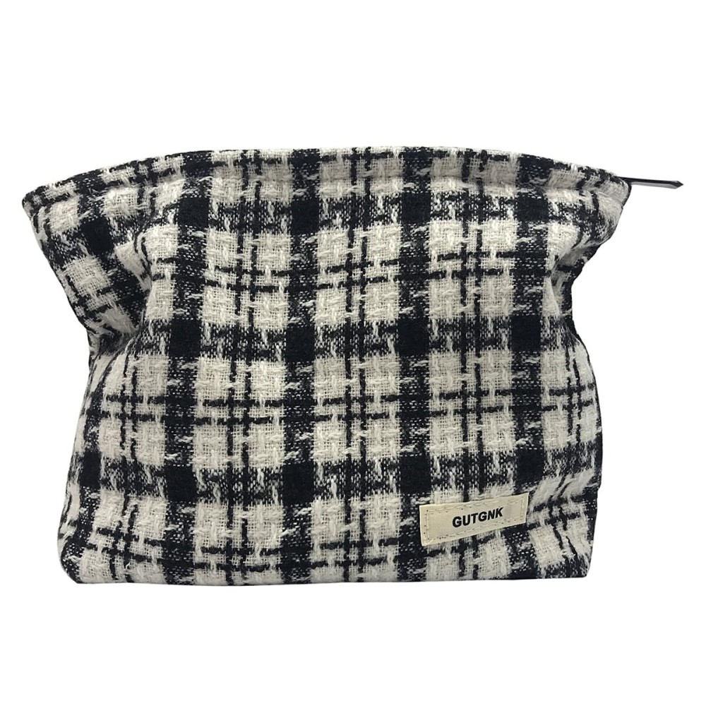 GUTGNK Corduroy Ladies Cosmetic Bag, Large Capacity Canvas Cosmetic Bag Travel Toiletry Bag Accessories Organizer, Black Check