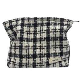 GUTGNK Corduroy Ladies Cosmetic Bag, Large Capacity Canvas Cosmetic Bag Travel Toiletry Bag Accessories Organizer, Black Check