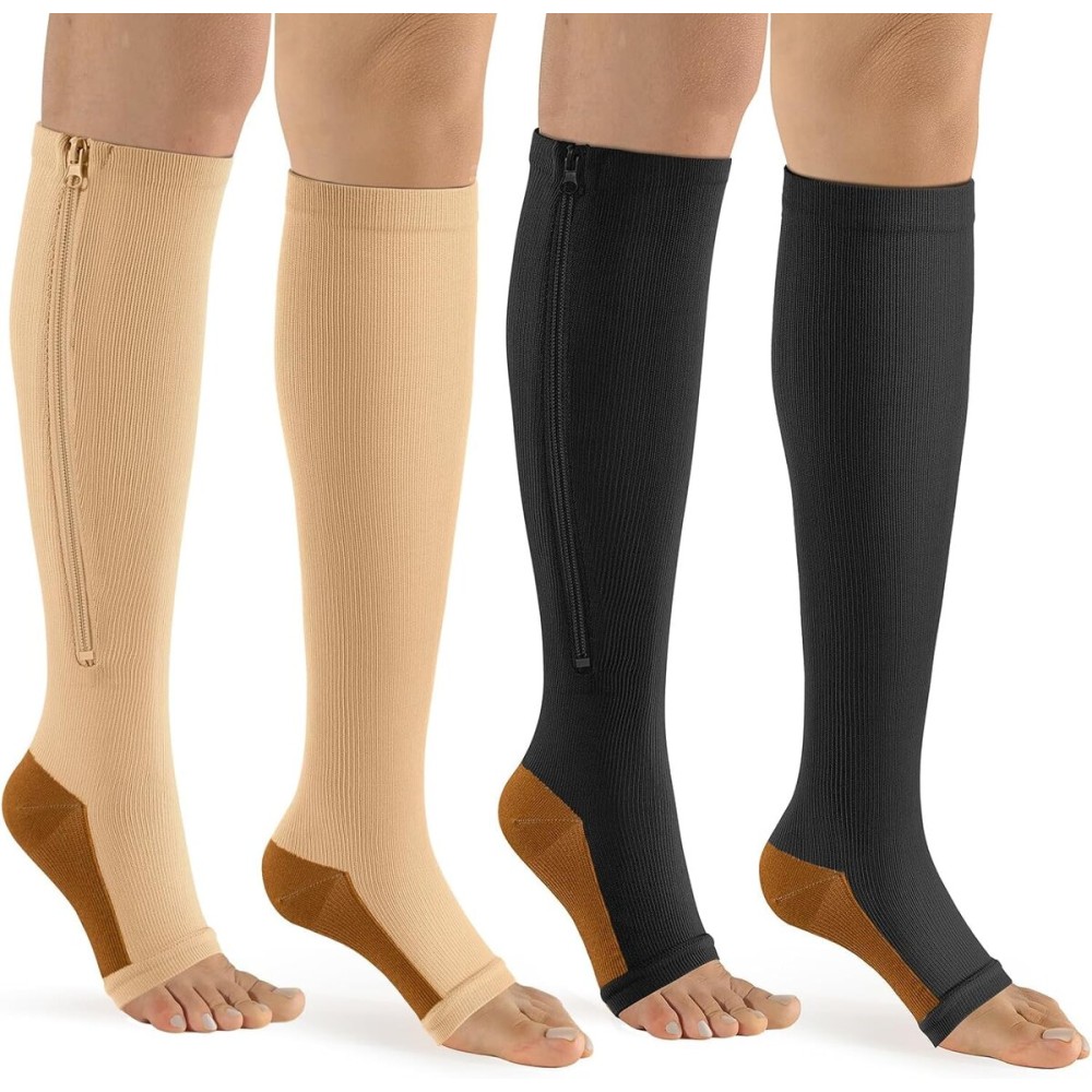 bropite Zipper Compression Socks Women & Men - 2Pairs Calf Knee High 15-20mmHg Open Toe Compression Stocking suit for Walking