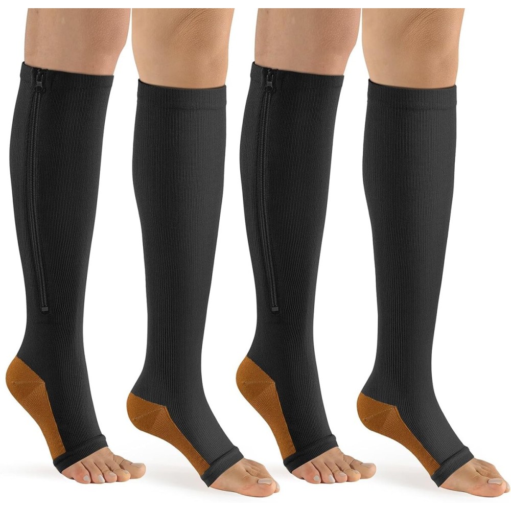 bropite Zipper Compression Socks Women & Men - 2Pairs Calf Knee High 15-20mmHg Open Toe Compression Stocking suit for Walking