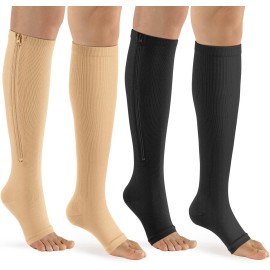 bropite Zipper Compression Socks Women & Men - 2Pairs Calf Knee High 15-20mmHg Open Toe Compression Stocking suit for Walking