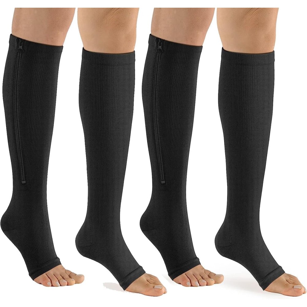 bropite Zipper Compression Socks Women & Men - 2Pairs Calf Knee High 15-20mmHg Open Toe Compression Stocking suit for Walking