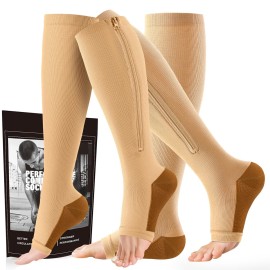 cerpite Zipper Compression Socks - 2 Pairs Open Toe Compression Stockings for Men Women 15-20mmHg,Suit for Running, Sport