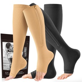 cerpite Zipper Compression Socks - 2 Pairs Open Toe Compression Stockings for Men Women 15-20mmHg,Suit for Running, Sport