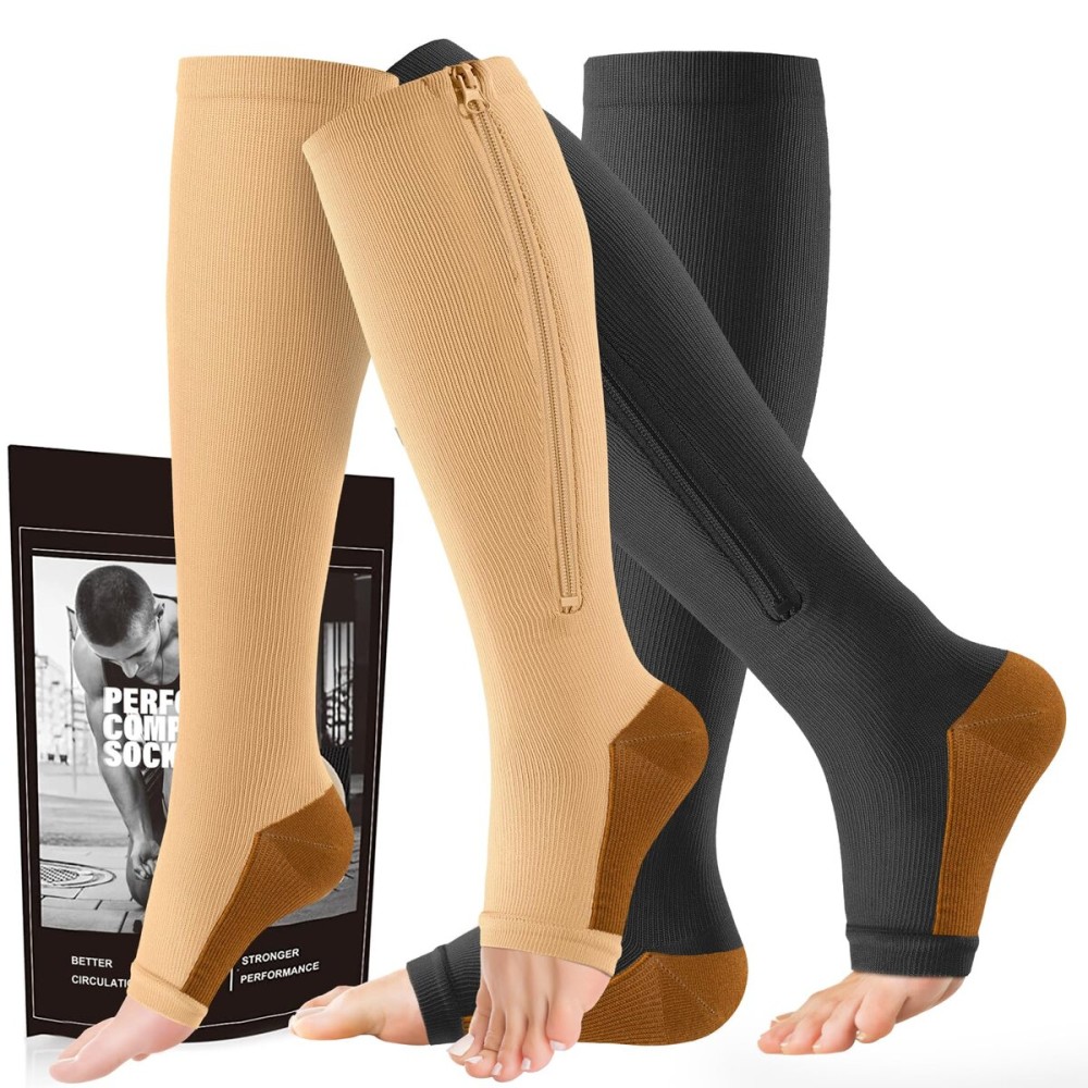 cerpite Zipper Compression Socks - 2 Pairs Open Toe Compression Stockings for Men Women 15-20mmHg,Suit for Running, Sport