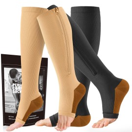 cerpite Zipper Compression Socks - 2 Pairs Open Toe Compression Stockings for Men Women 15-20mmHg,Suit for Running, Sport