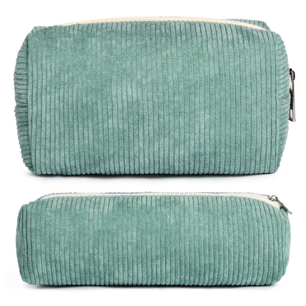SOIDRAM Makeup Bag Corduroy Cosmetic Bag Cute Green Makeup Pouch 1Pcs Large Capacity Makeup Bags and 1Pcs Makeup Brushes Storage Bag Travel Toiletry Bag Organizer
