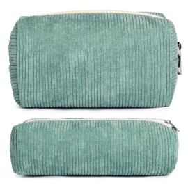 SOIDRAM Makeup Bag Corduroy Cosmetic Bag Cute Green Makeup Pouch 1Pcs Large Capacity Makeup Bags and 1Pcs Makeup Brushes Storage Bag Travel Toiletry Bag Organizer