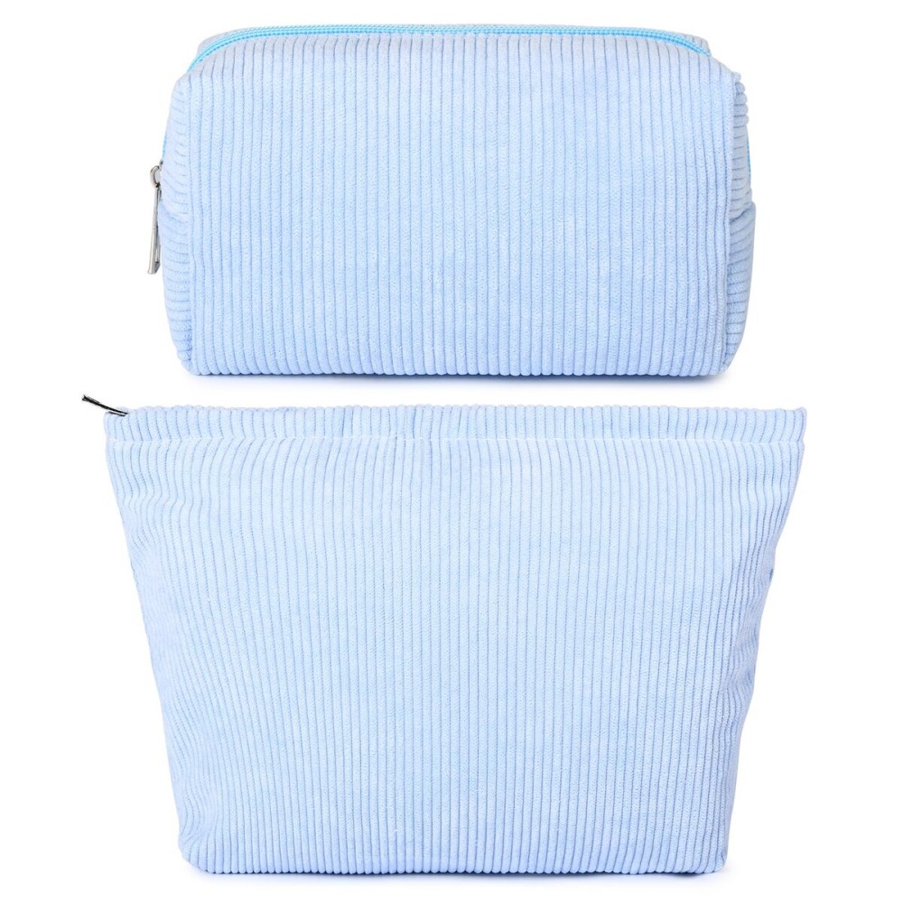 SOIDRAM 2 Pieces Makeup Bag Large Corduroy Cosmetic Bag Capacity Canvas Mix Travel Toiletry Bag Organizer Cute Makeup Brushes Aesthetic Accessories Storage Bag for Women, Corduroy Mix Blue