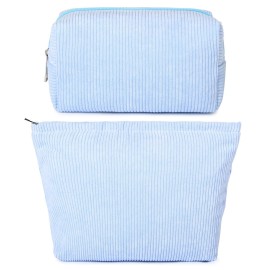 SOIDRAM 2 Pieces Makeup Bag Large Corduroy Cosmetic Bag Capacity Canvas Mix Travel Toiletry Bag Organizer Cute Makeup Brushes Aesthetic Accessories Storage Bag for Women, Corduroy Mix Blue