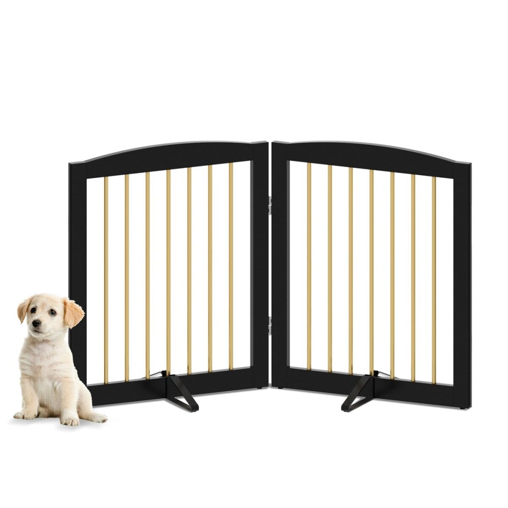 PUPETPO Freestanding Pet Gate for Dogs, Foldable Wooden Dog Gate for House, Stairs, Doorways, Step Over Pet Puppy Safety Fence,Support Feet Included,24 Height 2 Panels, Black&Gold