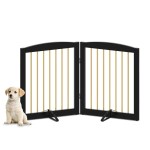 PUPETPO Freestanding Pet Gate for Dogs, Foldable Wooden Dog Gate for House, Stairs, Doorways, Step Over Pet Puppy Safety Fence,Support Feet Included,24 Height 2 Panels, Black&Gold