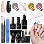 Beetles Poly Nail Extension Gel Kit with UV Lamp, 2 Neutral Colors Black Pink Nude UV Building Gel Manicure Set with 4 Jars Glitter Chrome Nail Powder Top Base Coat Easy DIY Nail Art Design Home