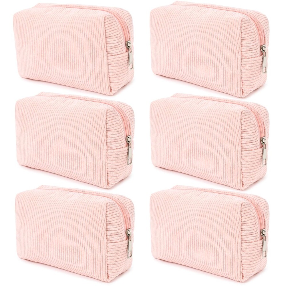 SOIDRAM Corduroy Cosmetic Bag - Cute Pink Makeup Pouch, Large Capacity, Travel Toiletry Bag Organizer with 1Pcs Makeup Brushes Storage